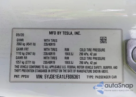 2020 Tesla Model 3 Standard Range Plus Rear-Wheel Drive/Standard Range Rear-Wheel Drive from USA, damaged, VIN 5YJ3E1EA1LF806361